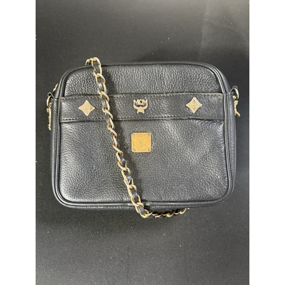 Mcm Vintage Black Leather Studded Chain Crossbody Camera Bag
